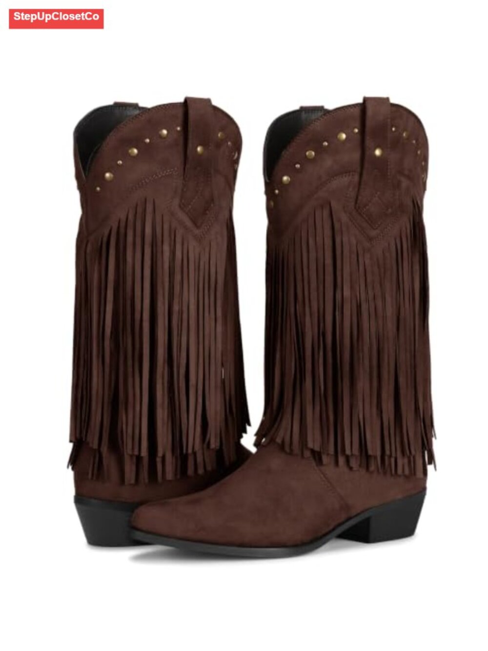Mid Calf Fringe Western Cowboy Boots Faux Suede Chunky Heel